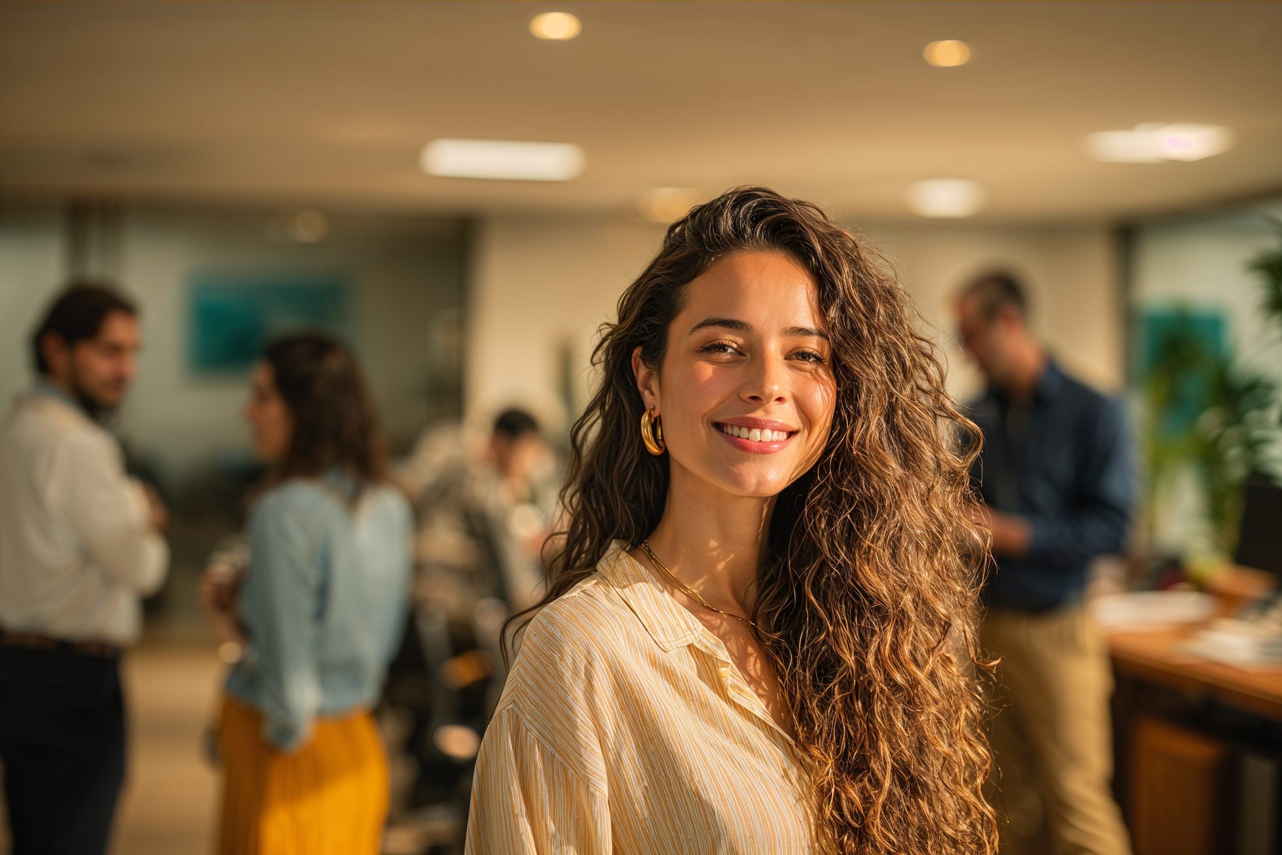 Profissional sorrindo no escritório, com colegas conversando ao fundo
