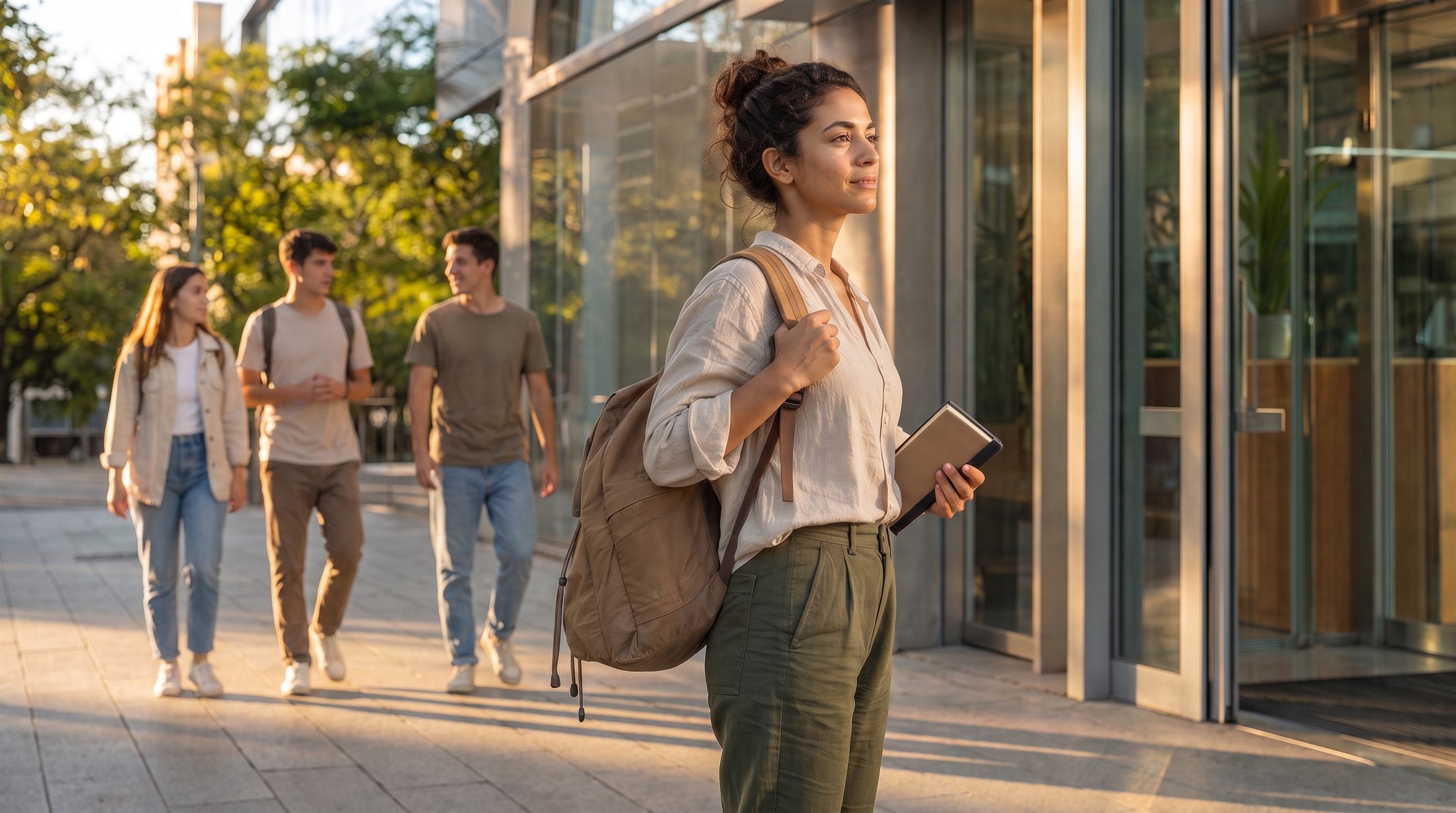 Estudante com mochila caminhando em um escritório iluminado, com colegas ao fundo